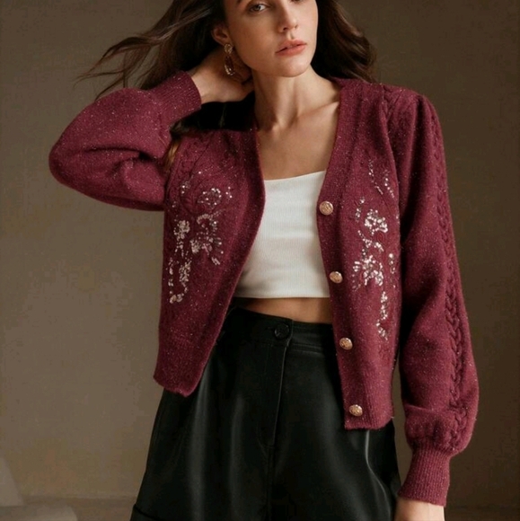 Elegant V-Neck Sequin Decor Flared Sleeve Knitted Cardigan,Women's Christmas - Picture 1 of 5